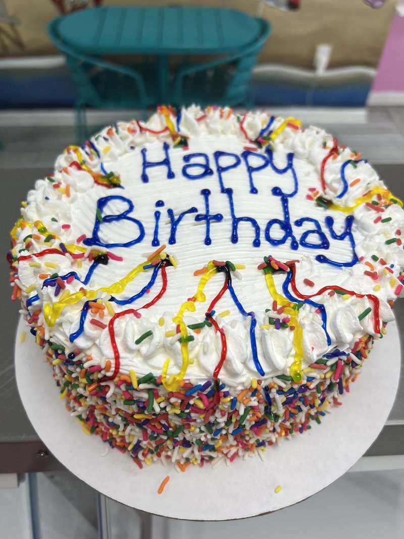 Happy Birthday custom ice cream cake with rainbow sprinkles