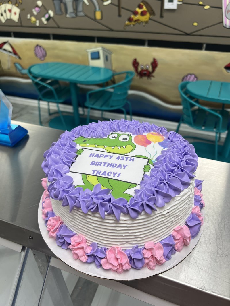 Purple and pink alligator custom birthday cake