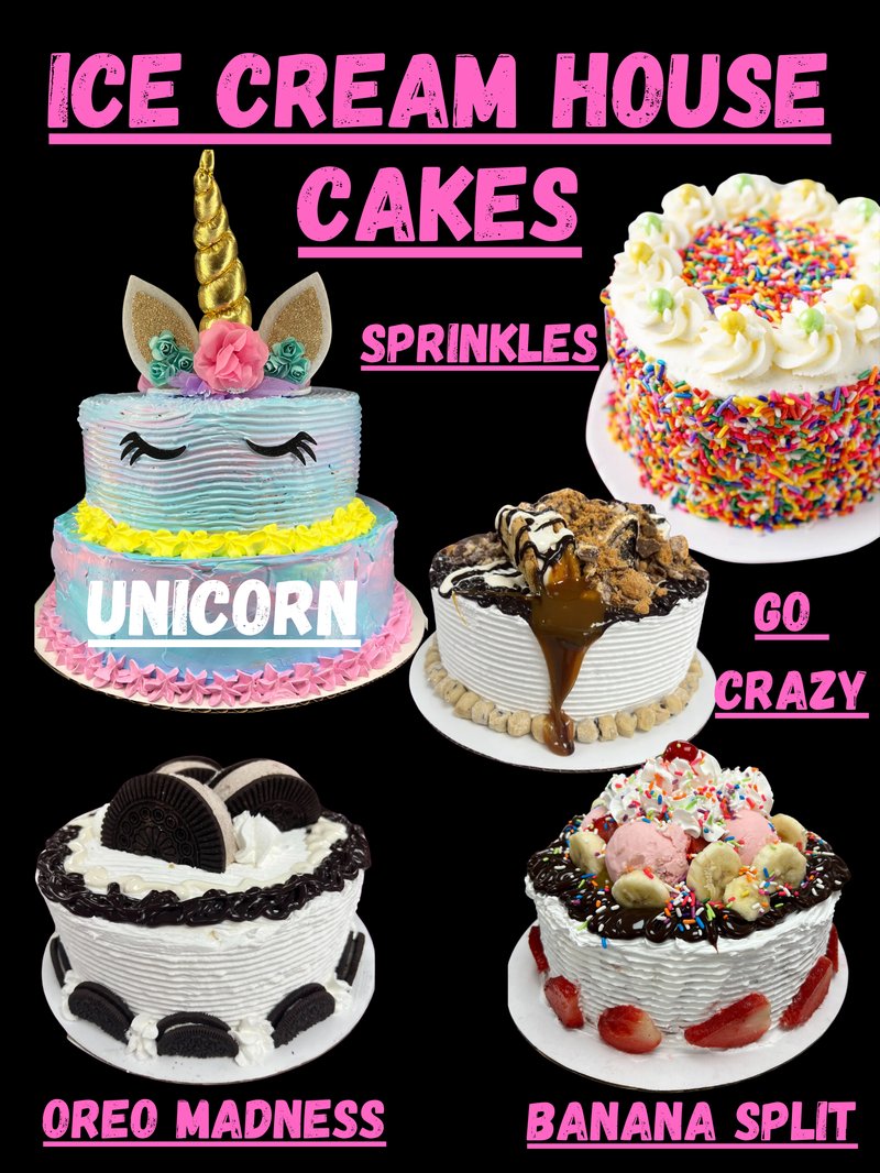 Ice Cream House Cakes showcase: Unicorn, Sprinkles, Go Crazy, Oreo Madness and Banana Split cakes